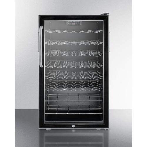 Summit Undercounter Wine Cellars 4.5 cu. ft. Freestanding Wine Cellar with 40 Bottle Capacity, ADA-Compliant Height, 6 Scalloped Shelves, 2 Flat Shelves, Automatic Defrost, Interior Lighting and Reversible Door Hinge: Short Towel Bar Handle, Stainless Steel Exterior Cabinet