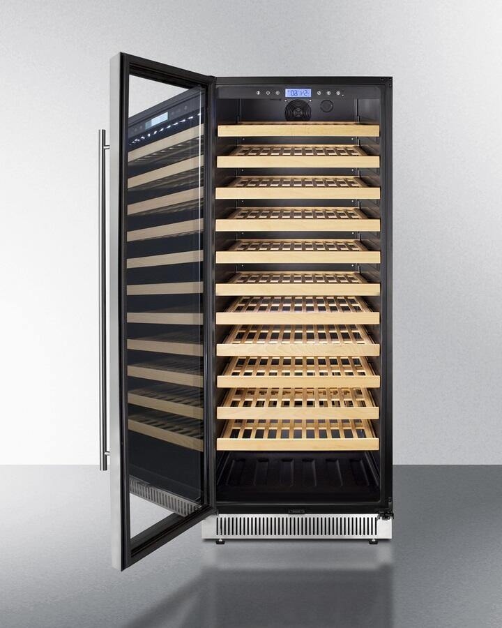 Summit Wine Cellars 24 Inch Built-In and Freestanding Single Zone Wine Cooler with 127 Bottle Capacity, Left Hinge, Glass Door, With Lock, 11 Extension Wine Racks