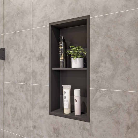 ALFI Brand - 12 x 24 Black Matte Stainless Steel Vertical Double Shelf Bath Shower Niche | ABNC1224-BLA