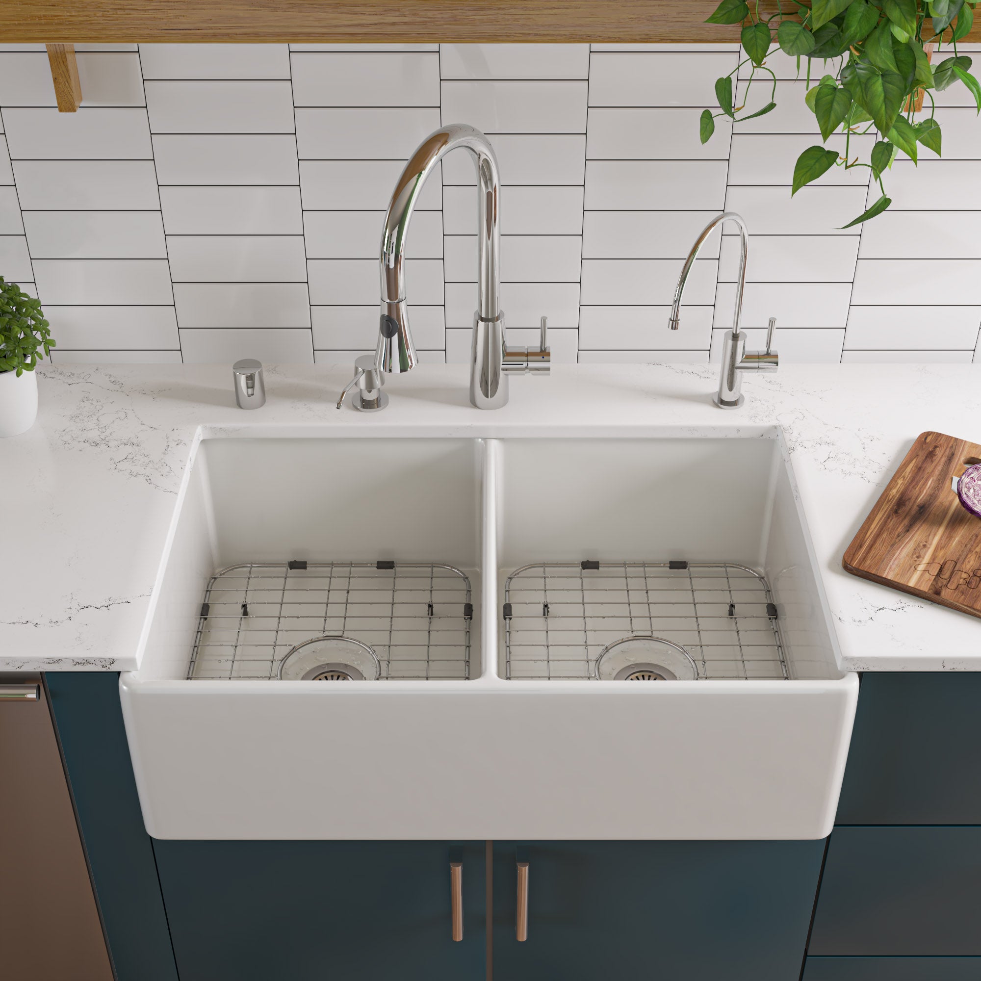 ALFI Brand - White 32" Smooth Apron Double Bowl Fireclay Farmhouse Kitchen Sink | AB538-W