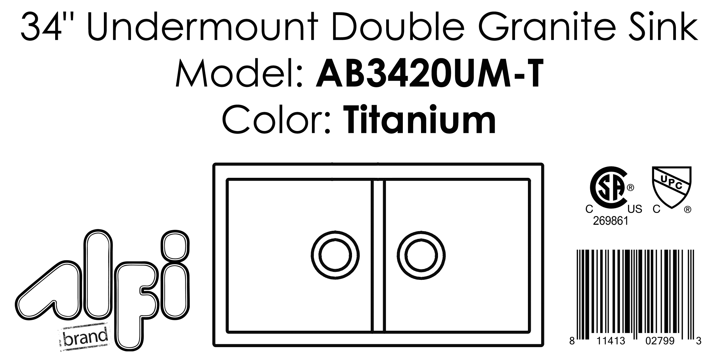 ALFI Brand - Titanium 34" Undermount Double Bowl Granite Composite Kitchen Sink | AB3420UM-T