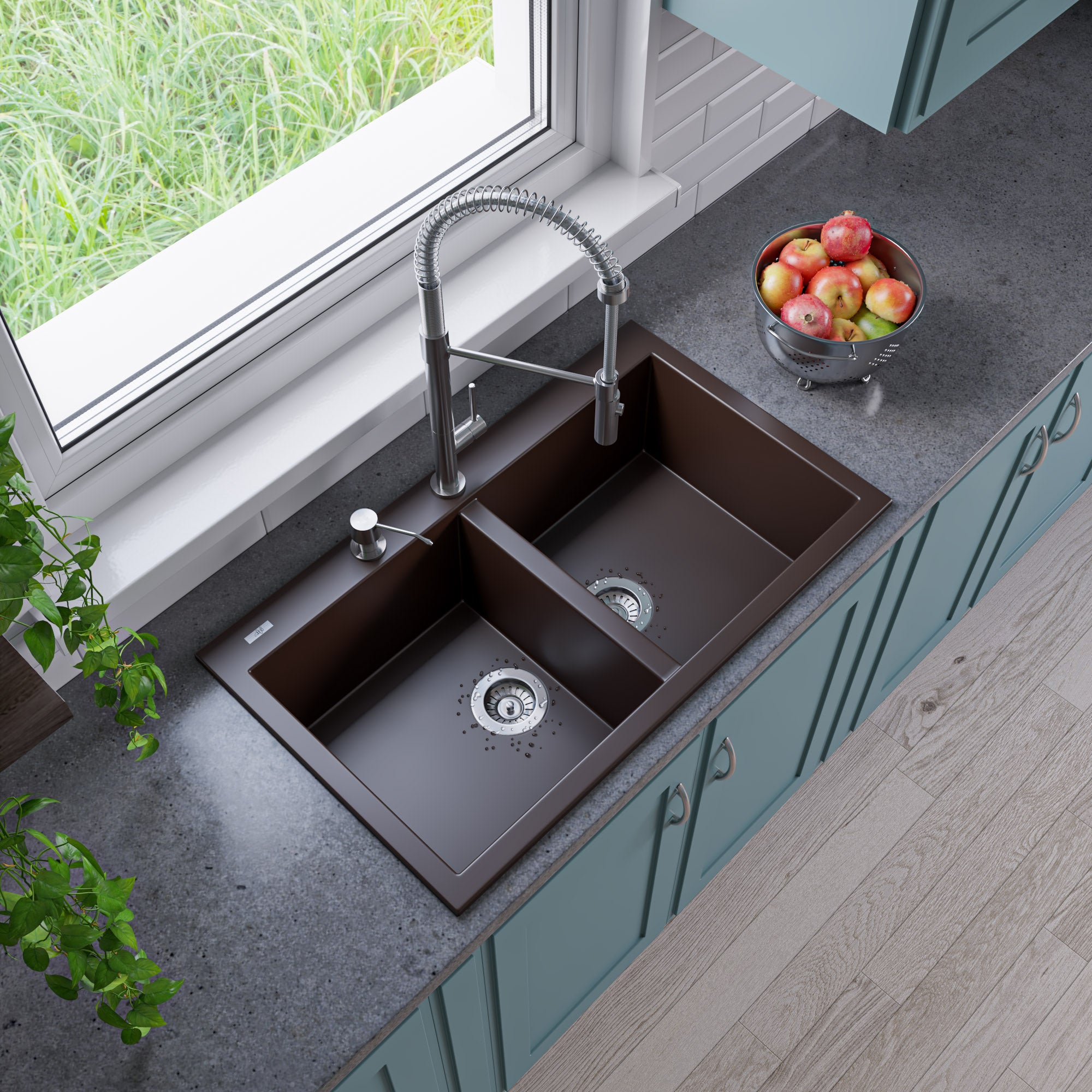 ALFI Brand - Chocolate 34" Drop-In Double Bowl Granite Composite Kitchen Sink | AB3420DI-C