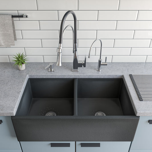 ALFI Brand - Concrete Color 33 inch Reversible Double Fireclay Farmhouse Kitchen Sink | ABCO3318DB