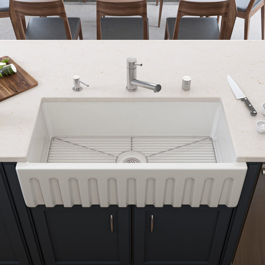 ALFI Brand - 36 inch White Reversible Smooth / Fluted Single Bowl Fireclay Farm Sink | AB3618HS-W