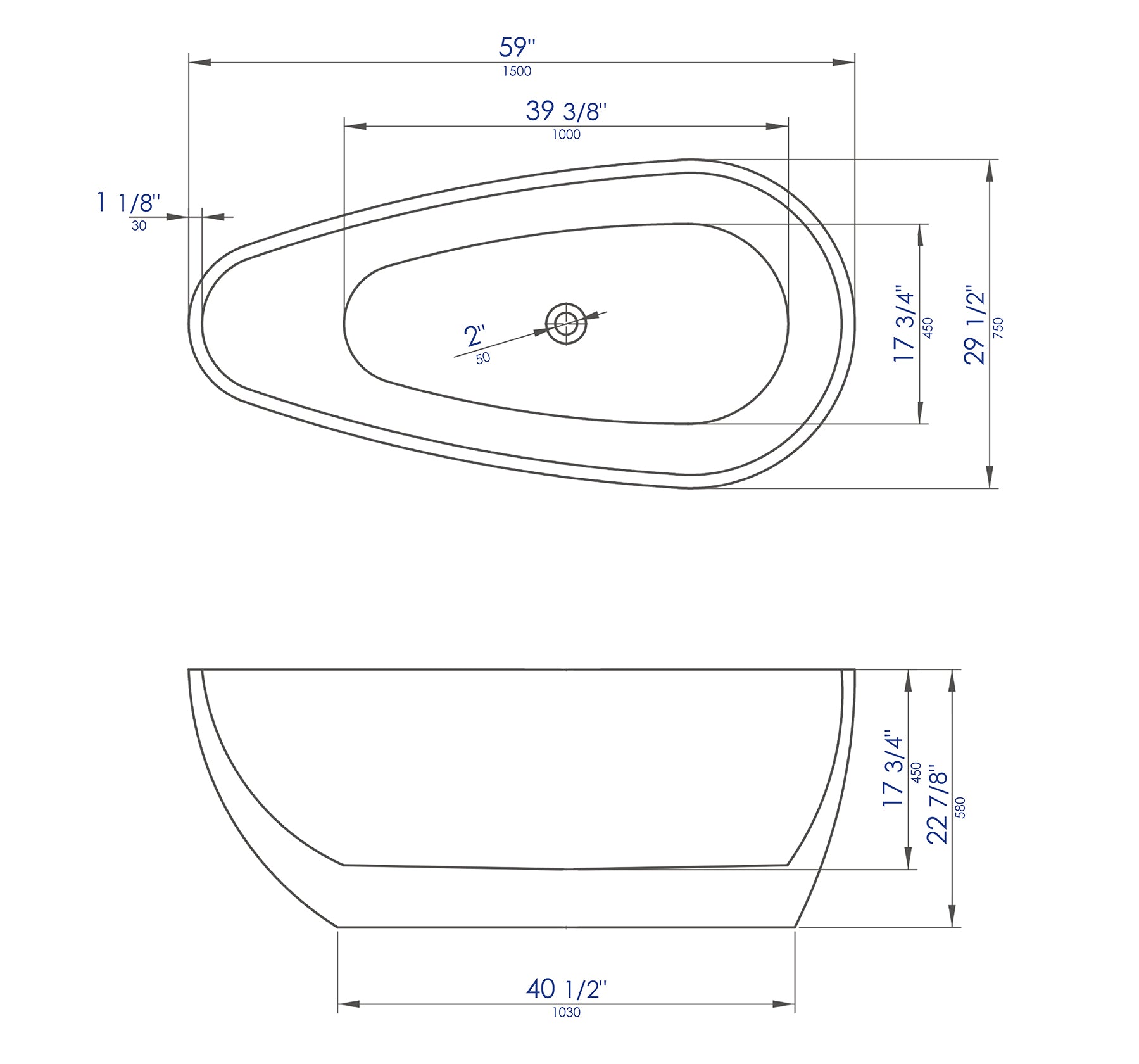 ALFI Brand - 59 inch Black & White Oval Acrylic Free Standing Soaking Bathtub | AB8862