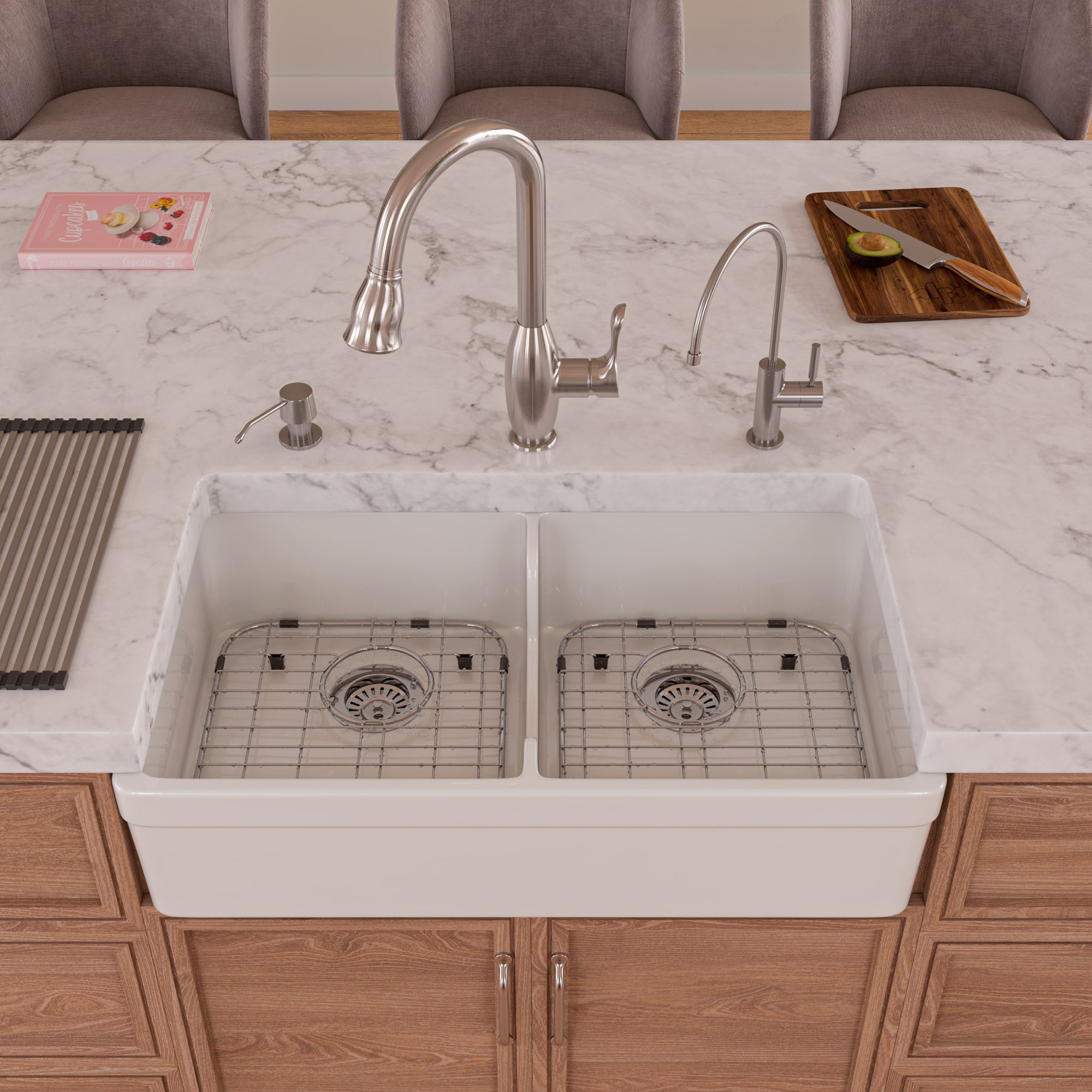 ALFI Brand - White 32" Short Wall Double Bowl  Lip Apron Fireclay Farmhouse Kitchen Sink | AB5123-W