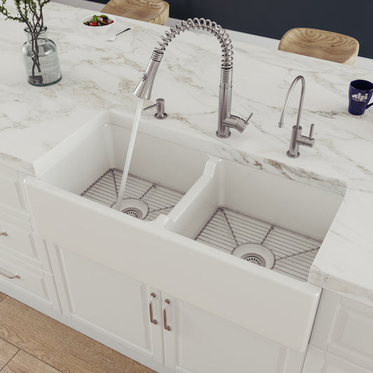 ALFI Brand - 39" White Smooth Apron Thick Wall Fireclay Double Bowl Farm Sink | AB3918DB-W