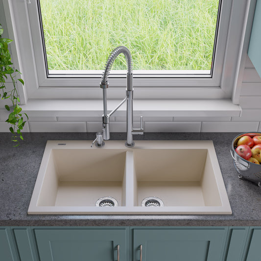 ALFI Brand - Biscuit 34" Drop-In Double Bowl Granite Composite Kitchen Sink | AB3420DI-B