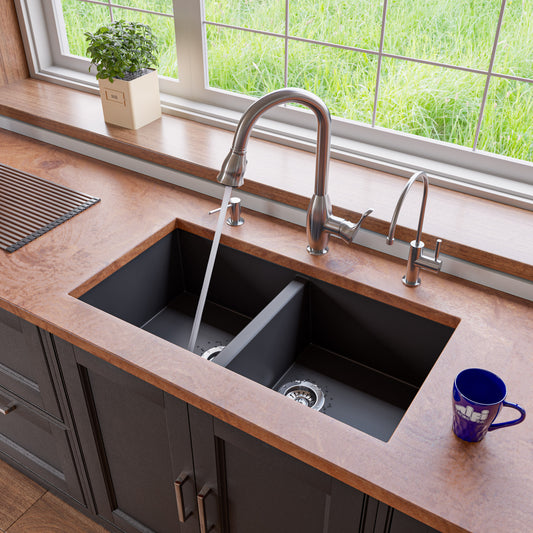 ALFI Brand - Black 34" Undermount Double Bowl Granite Composite Kitchen Sink | AB3420UM-BLA