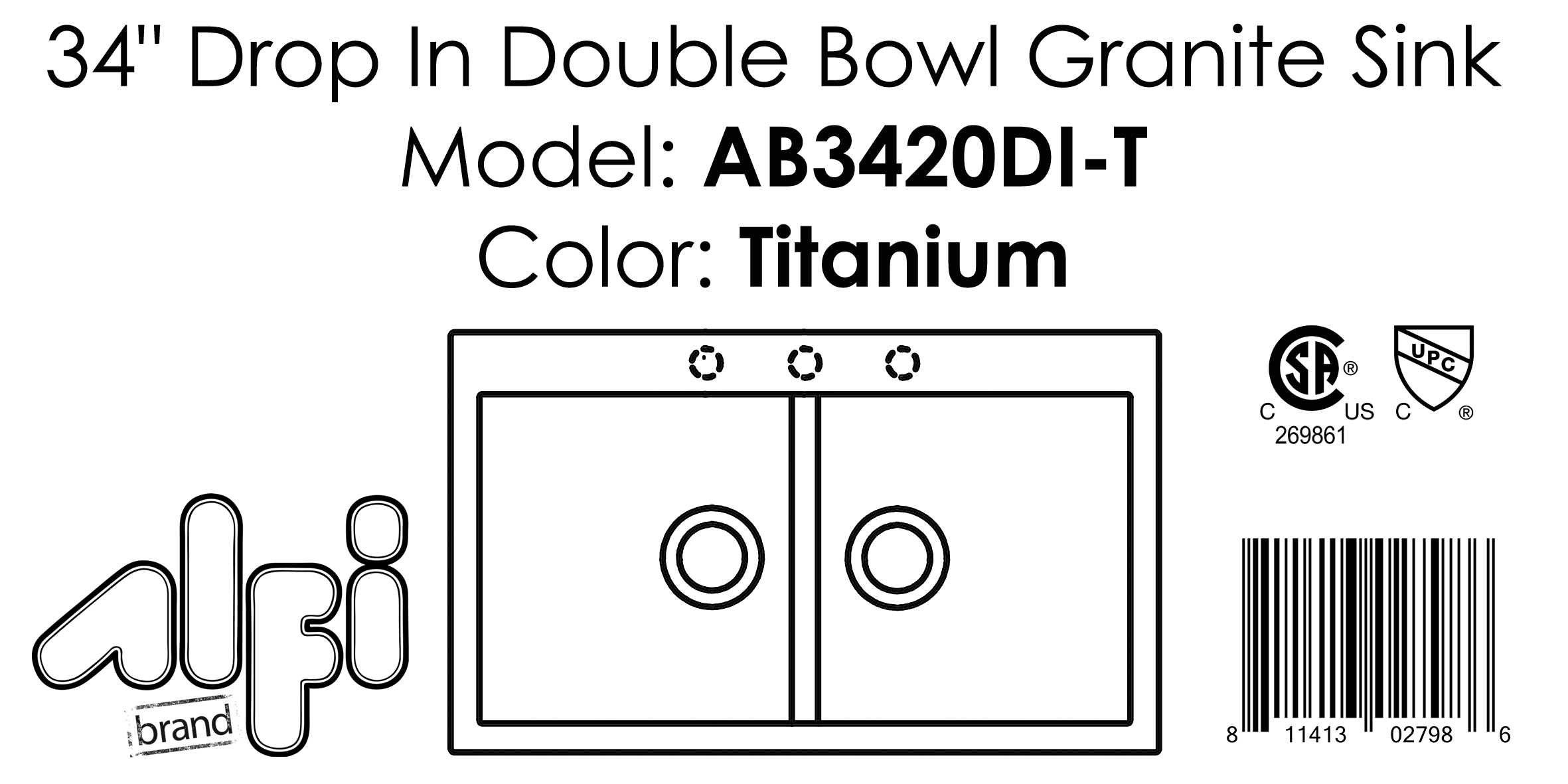 ALFI Brand - Titanium 34" Drop-In Double Bowl Granite Composite Kitchen Sink | AB3420DI-T