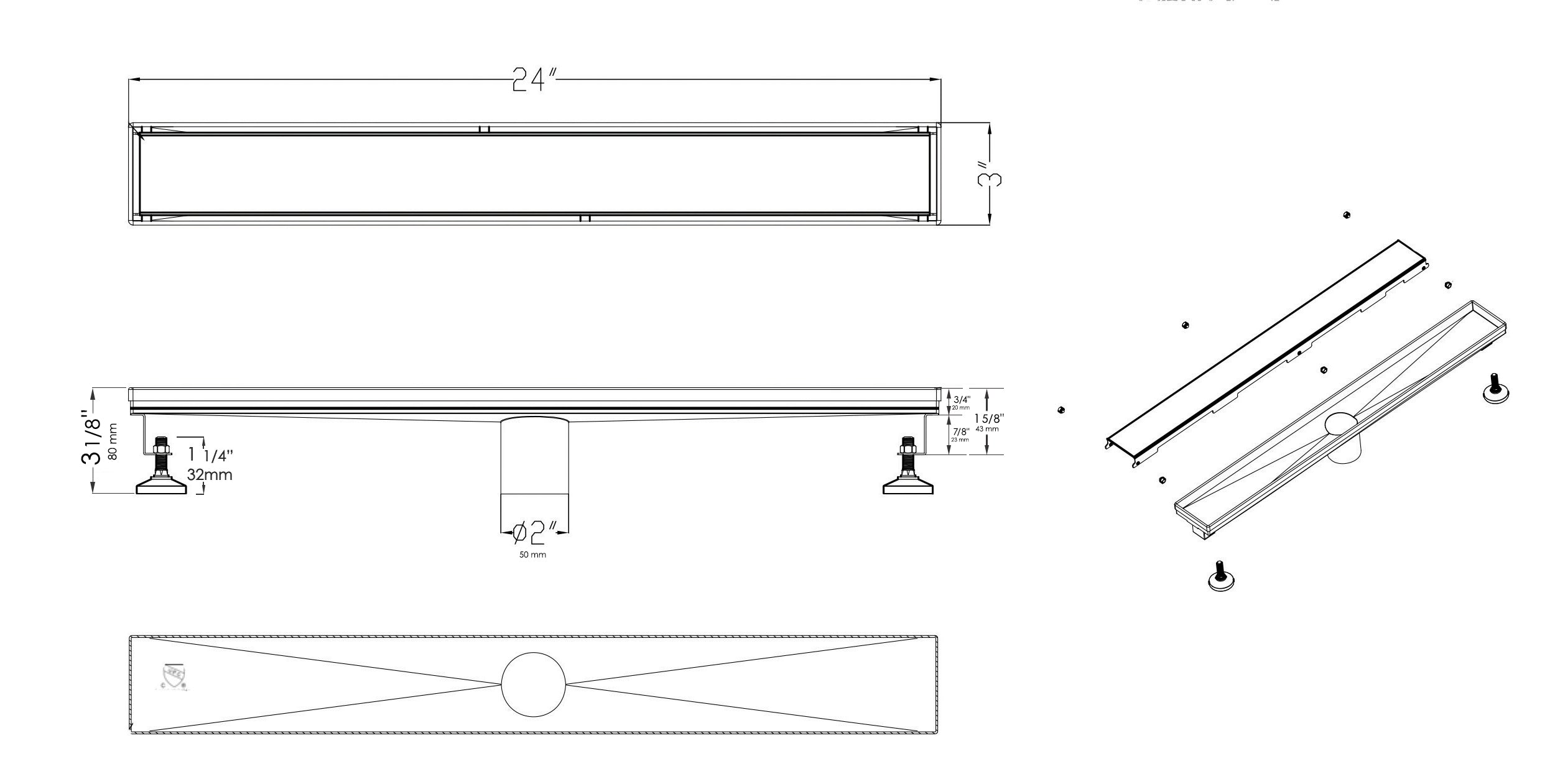 ALFI Brand - 24" Black Matte Stainless Steel Linear Shower Drain with Solid Cover | ABLD24B-BM