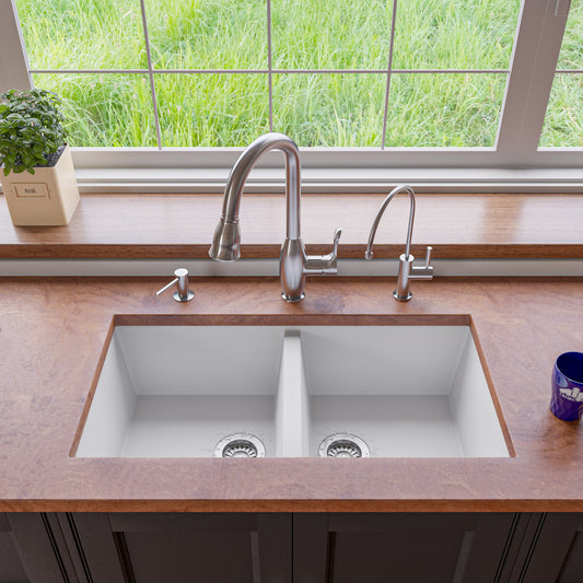 ALFI Brand - White 34" Undermount Double Bowl Granite Composite Kitchen Sink | AB3420UM-W