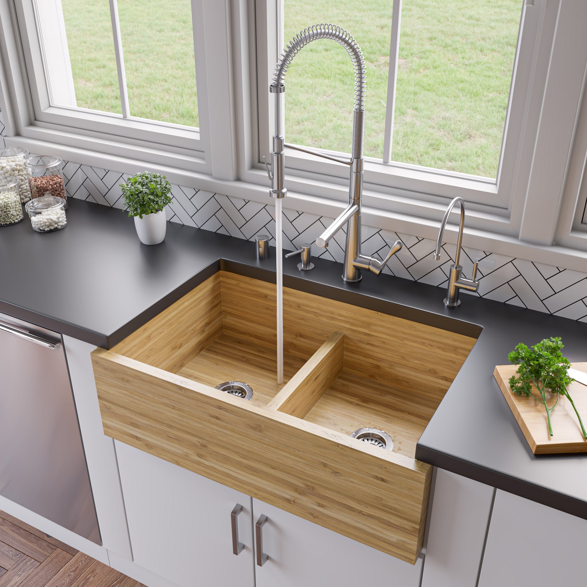 ALFI Brand - 33" Double Bowl Bamboo Kitchen Farm Sink | AB3321