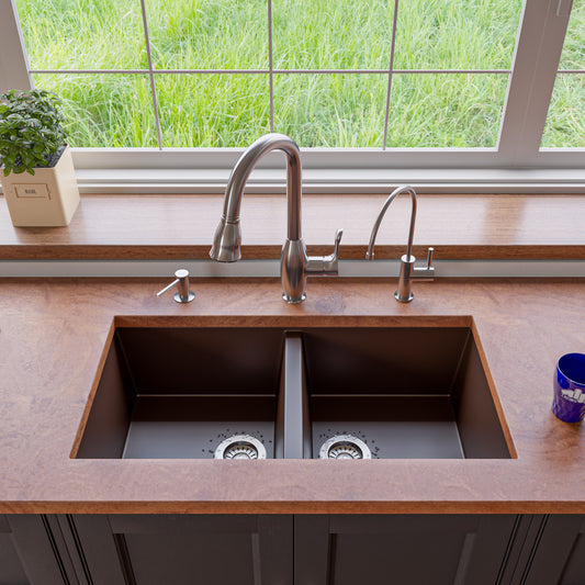 ALFI Brand - Chocolate 34" Undermount Double Bowl Granite Composite Kitchen Sink | AB3420UM-C