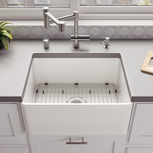 ALFI Brand - 24" White Thin Wall Single Bowl Smooth Apron Fireclay Kitchen Farm Sink | ABF2418-W