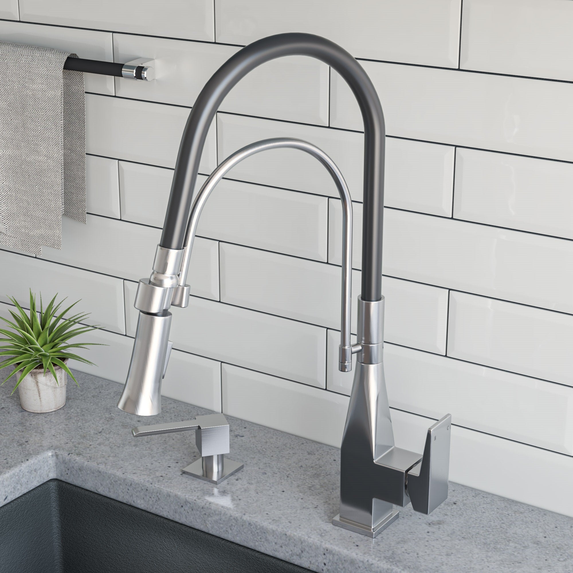 ALFI Brand - Brushed Nickel Square Kitchen Faucet with Black Rubber Stem | ABKF3023-BN